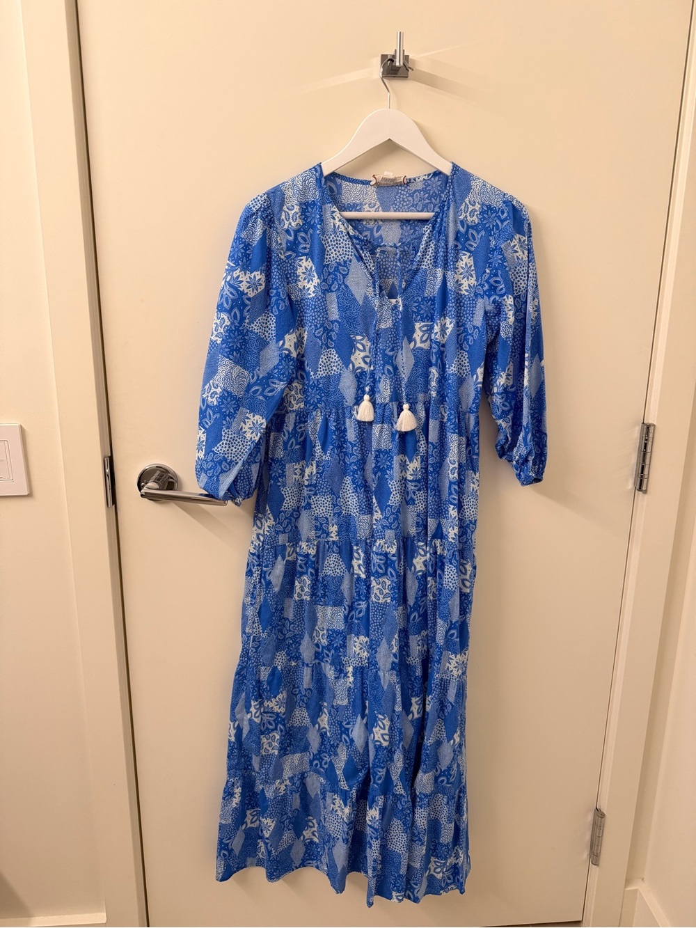 Johnny Was Blue Patchwork Print Maxi Dress with Tassel Detail - XS